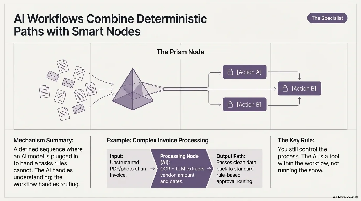 An AI step reads unstructured documents and passes fields to a rule-based workflow.