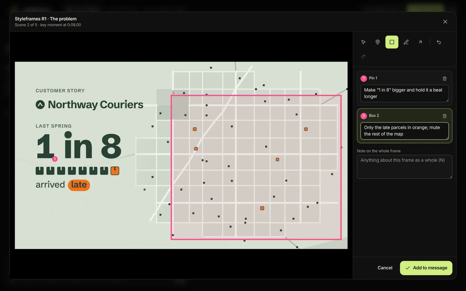 Annotating a styleframe in Animro: a pin on the headline and a box on the map, each with a comment for the AI