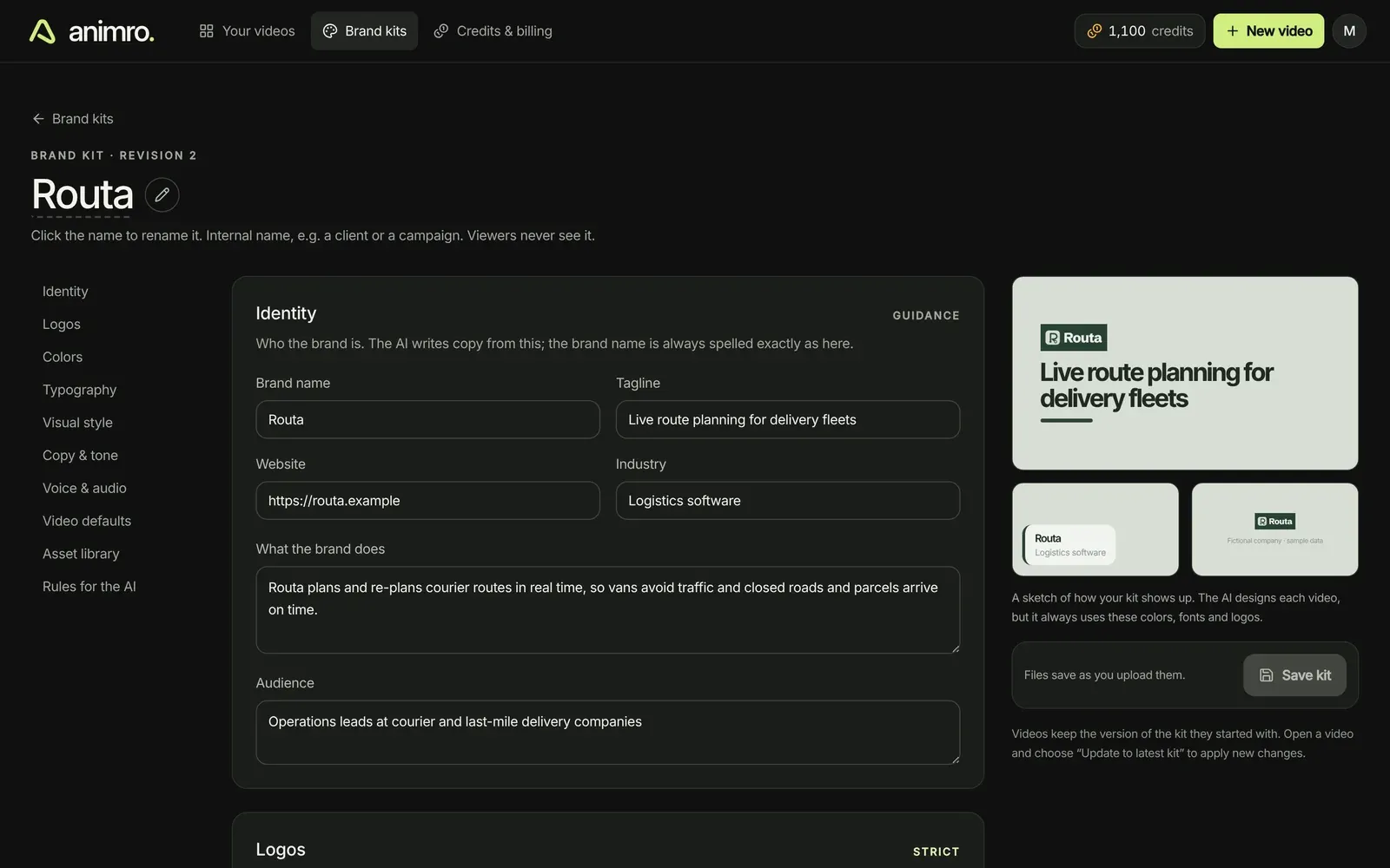 A brand kit in Animro: brand name, tagline, website and description, with a live preview of how the kit appears in a video