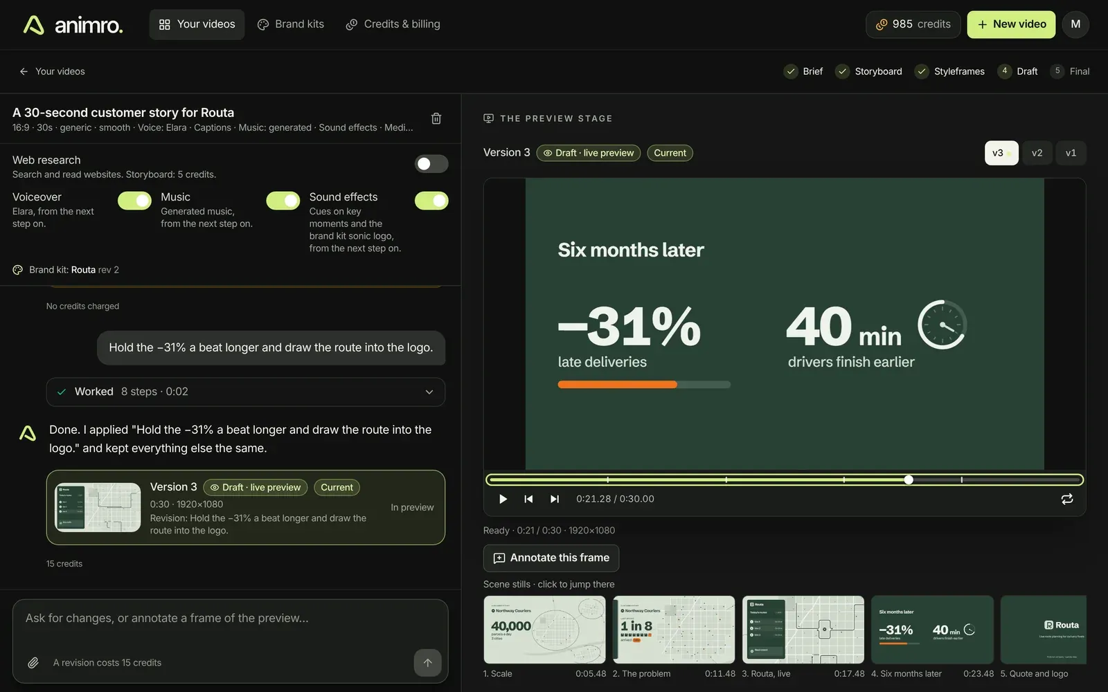 A draft in Animro: version 3 playing in the browser, scene stills below the player and the revision request in the chat