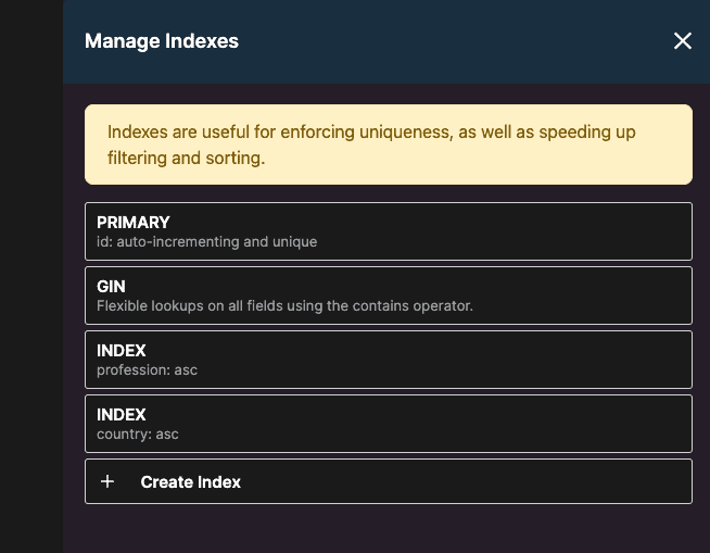 Xano database indexing